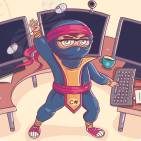 Icon for Python books for experienced programmers showing a ninja programming simlutaneously on three computers